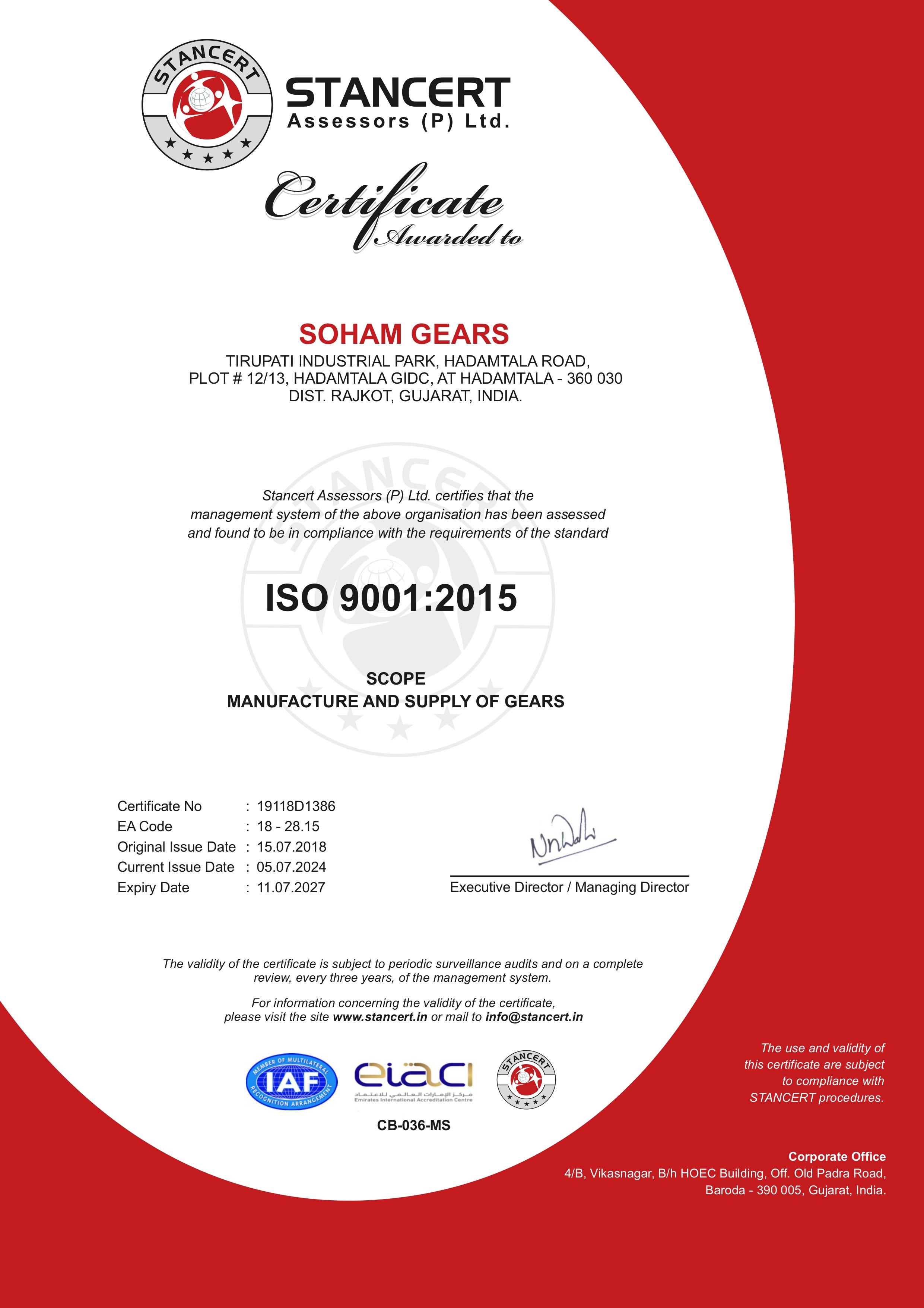 ISO 9001:2015 Certificate - Soham Gears